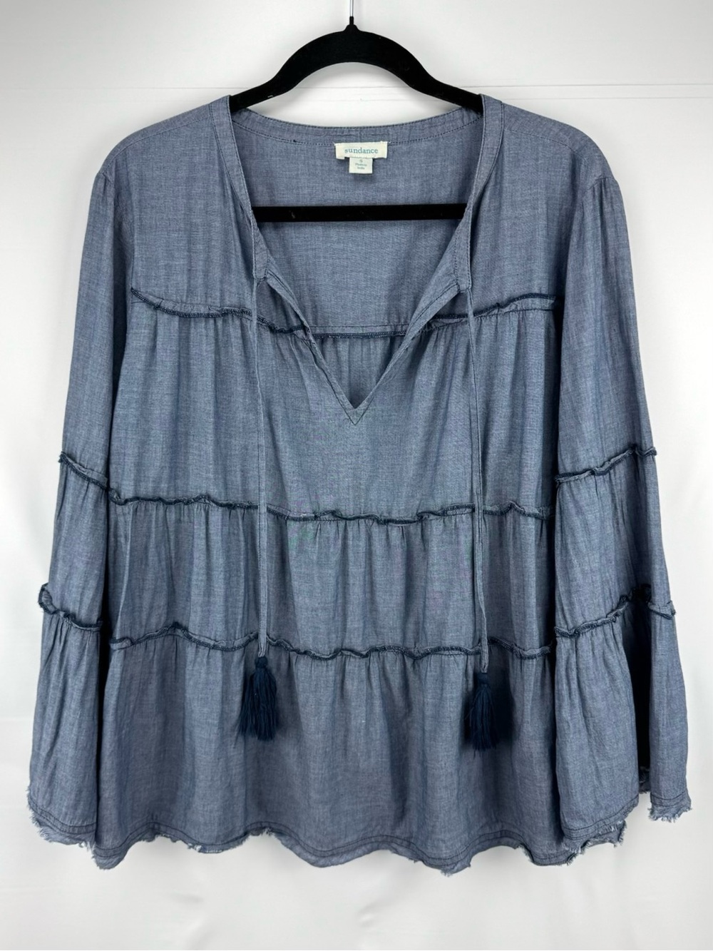 Sundance Blue Chambray Peasant Tiered Tunic with Tassels, Bell Sleeves & Raw Hem